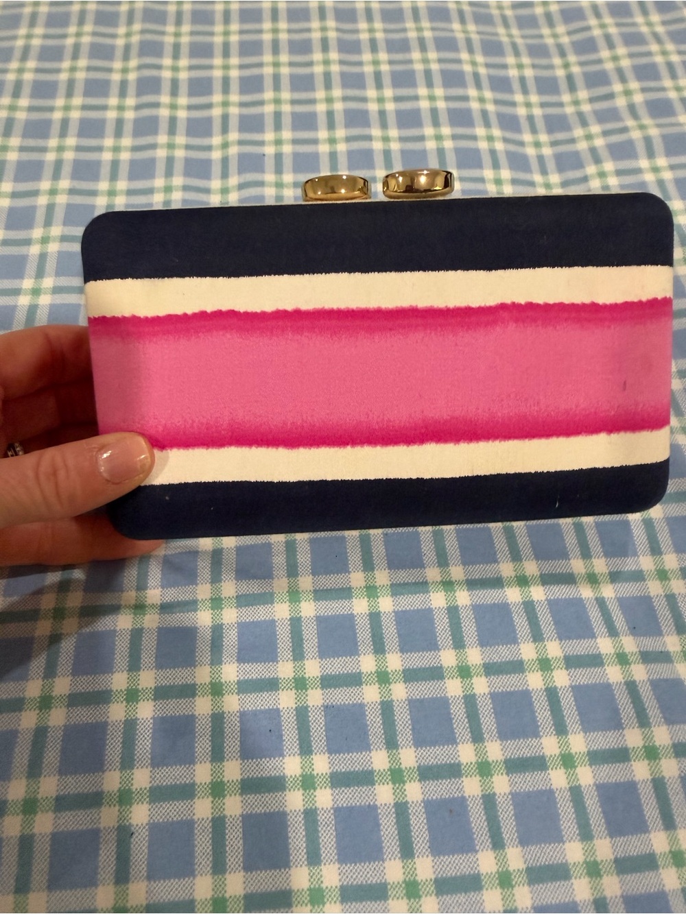 Talbots Striped Navy and Pink Clutch with chain shoulder strap